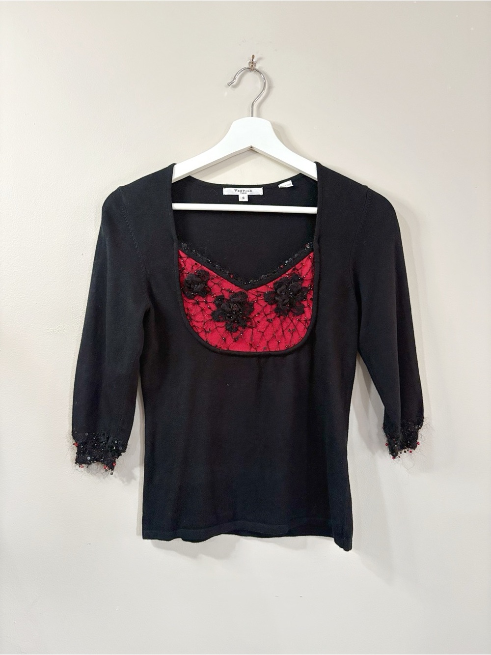 Vertigo Paris Women S Black Lace Applique Knit Top Goth Coquette Y2K Chic